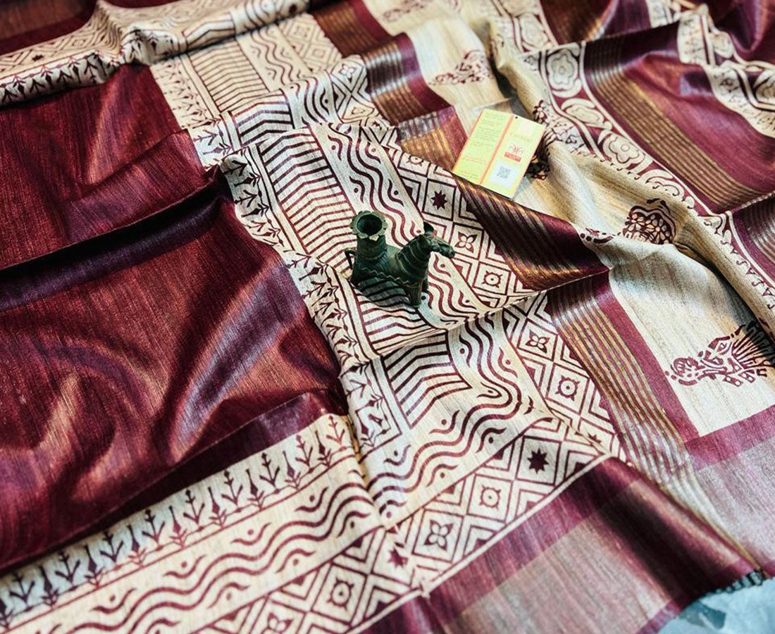 Maroon Printed Tussar Ghicha Silk Saree with Zari Border | Peepal Clothing