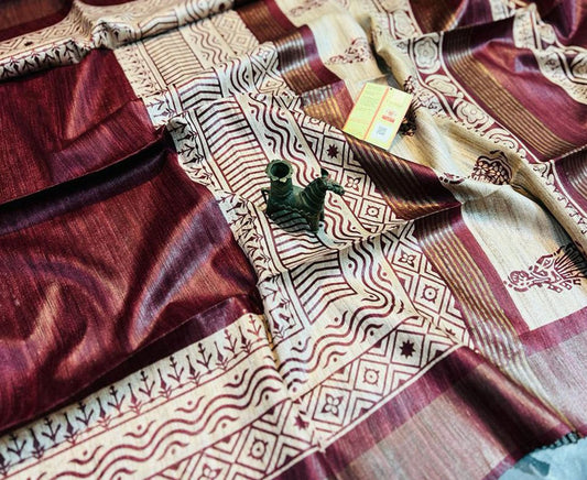 Maroon Printed Tussar Ghicha Silk Saree with Zari Border | Peepal Clothing