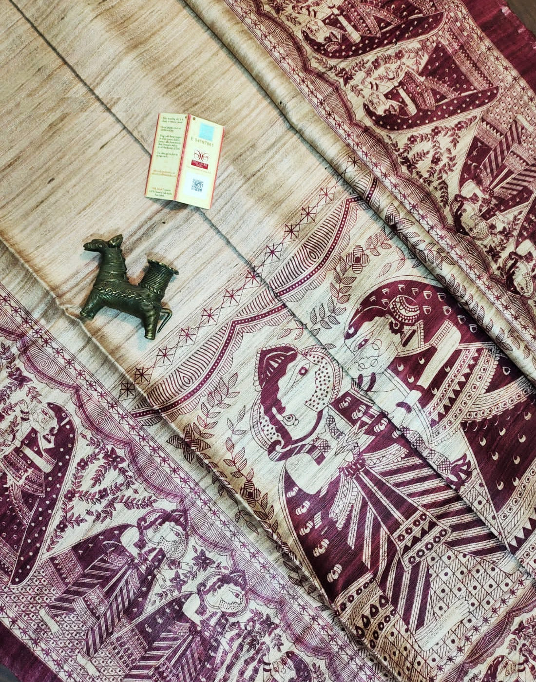 Maroon Radha-Krishna Motif Tussar Ghicha Madhubani Printed Silk Saree| Peepal Clothing