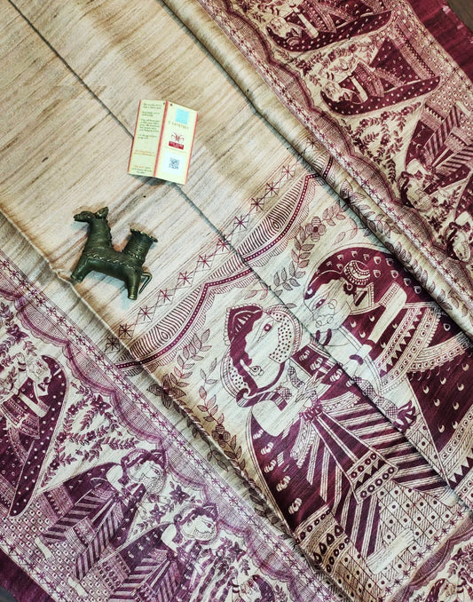 Maroon Radha-Krishna Motif Tussar Ghicha Madhubani Printed Silk Saree| Peepal Clothing