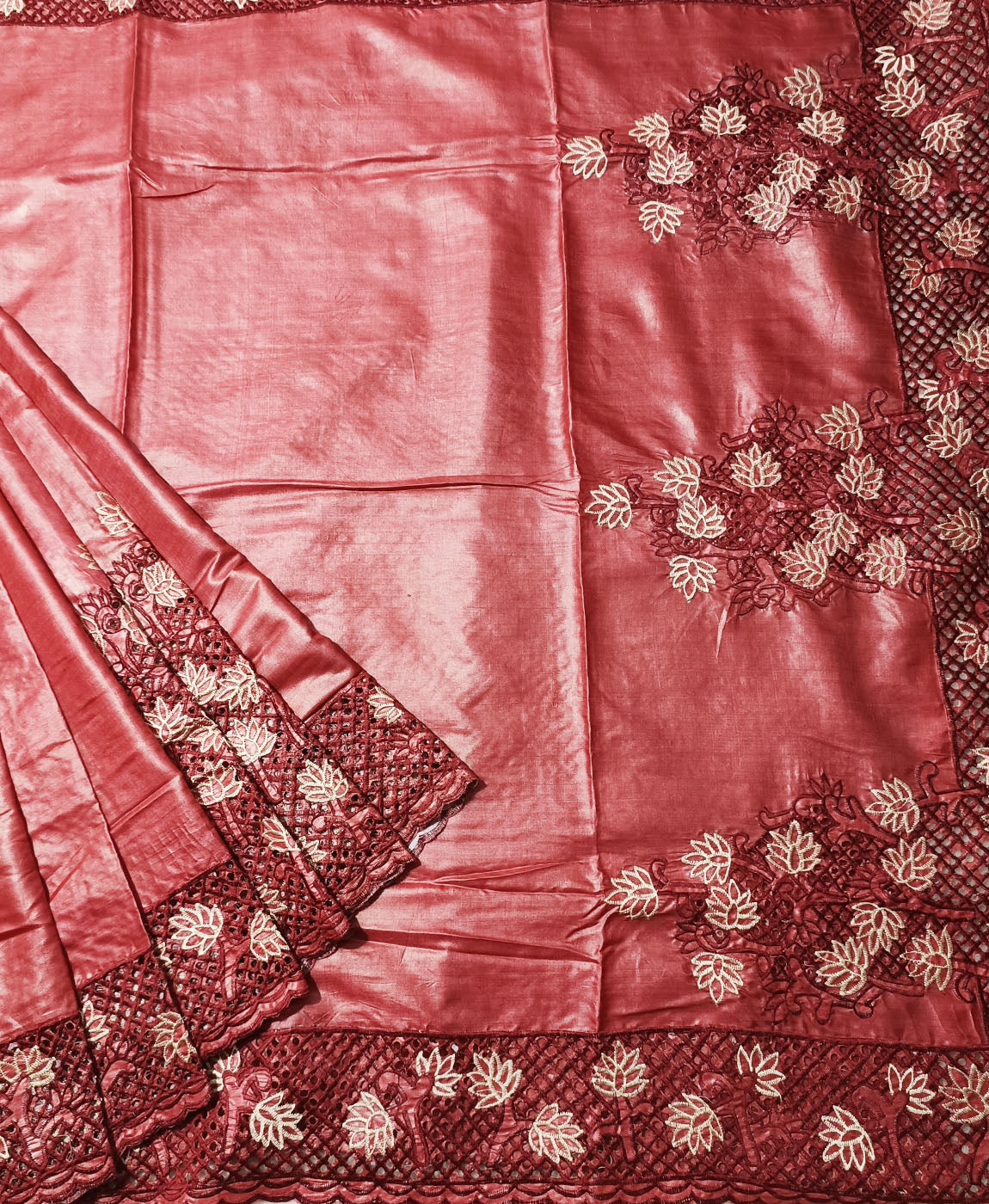 Maroon Cutwork Tussar Silk Saree | Peepal Clothing