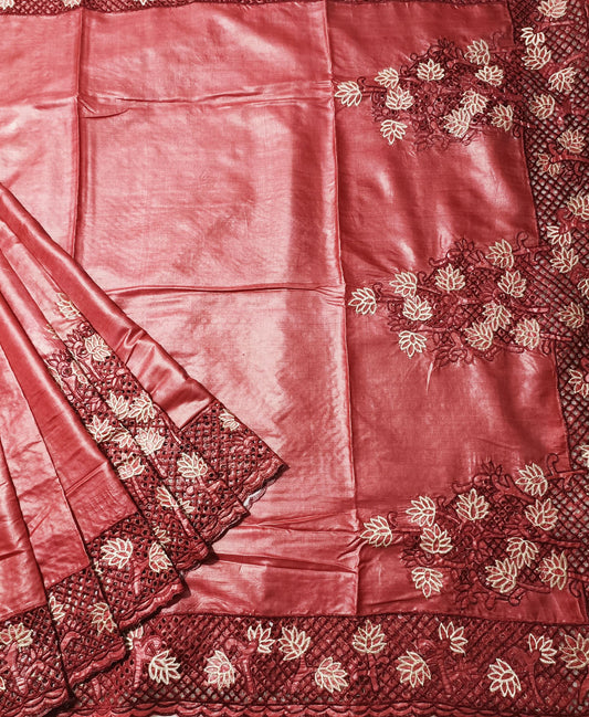 Maroon Cutwork Tussar Silk Saree | Peepal Clothing