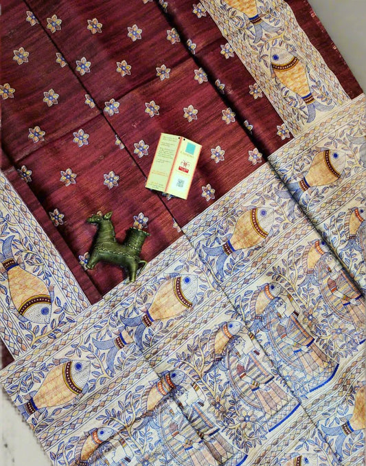 Maroon Tussar Ghicha Madhubani Buta Printed Silk Saree| Peepal Clothing