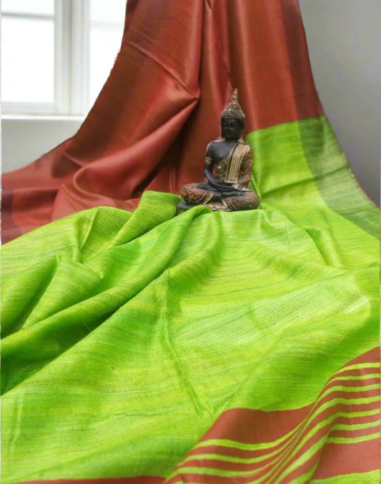 Maroon and Green Korean tussar ghicha pallu saree with staple body| Peepal Clothing
