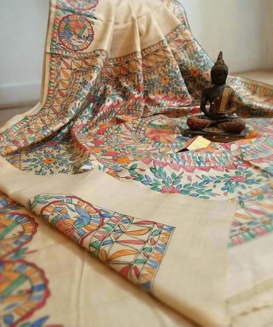 Shop Matasya Madhubani Hand Painted Pure Desi Tussar Silk Saree Online at www.peepalclothing.com