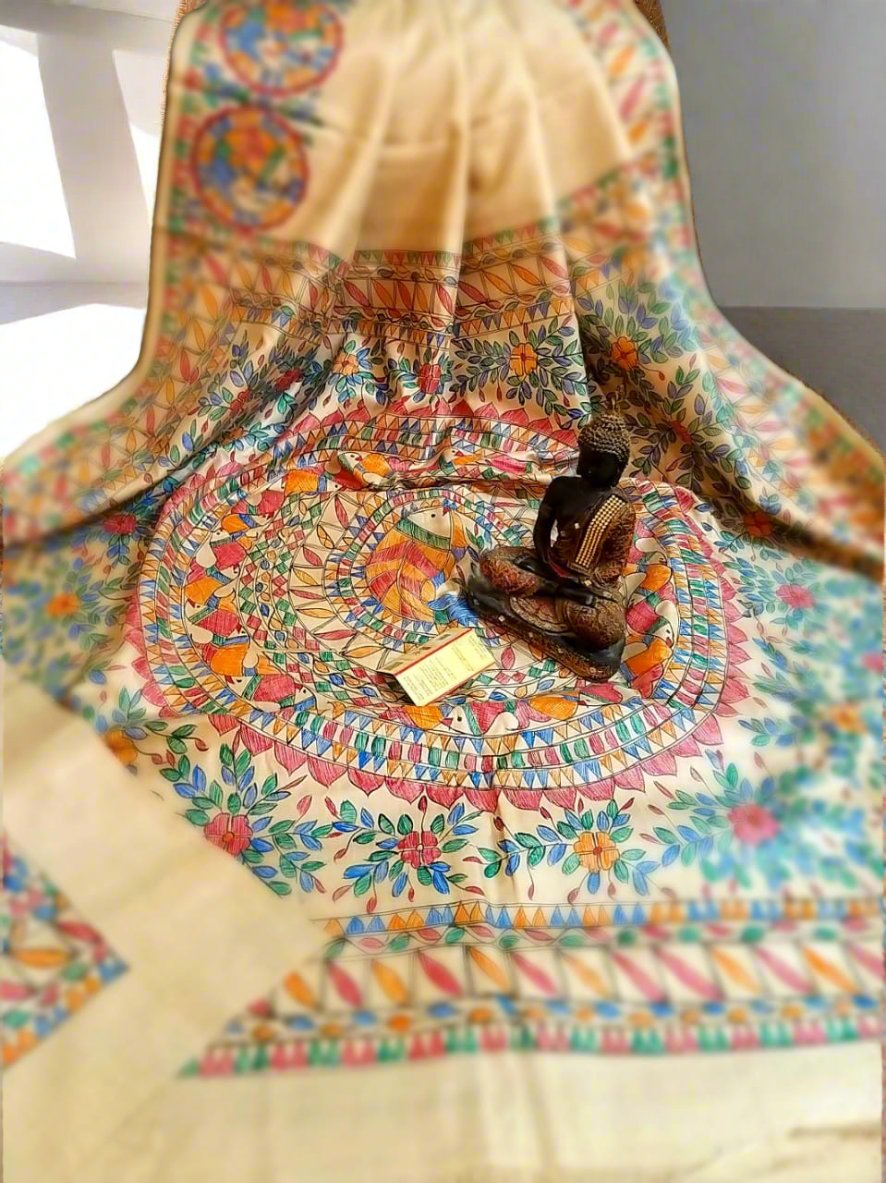 Shop Matasya Madhubani Hand Painted Pure Desi Tussar Silk Saree Online at www.peepalclothing.com