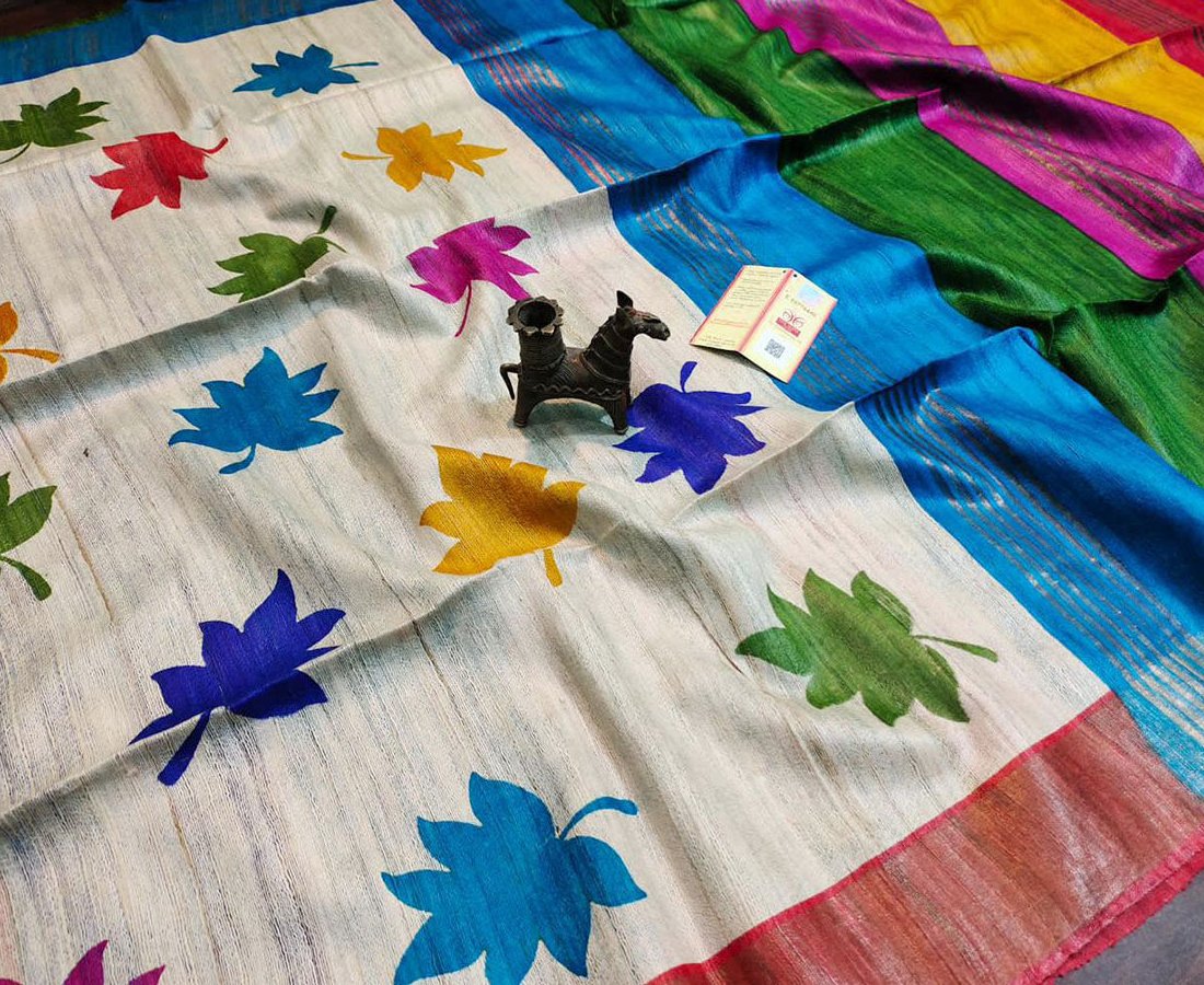 Multi Color Leaf Printed Tussar Ghicha Silk Saree with Zari Border | Peepal Clothing