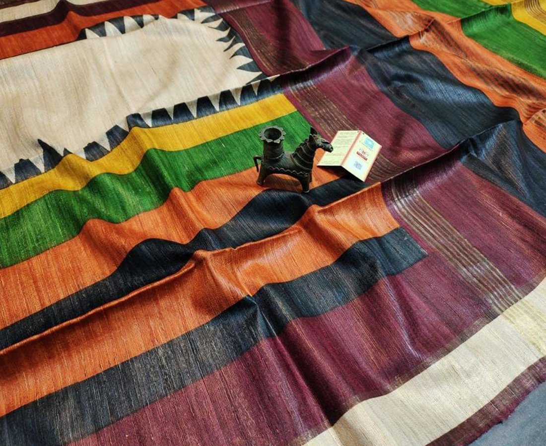 Multi Color Printed Tussar Ghicha Silk Saree with Zari Border | Peepal Clothing