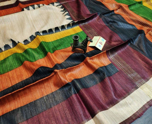 Multi Color Printed Tussar Ghicha Silk Saree with Zari Border | Peepal Clothing