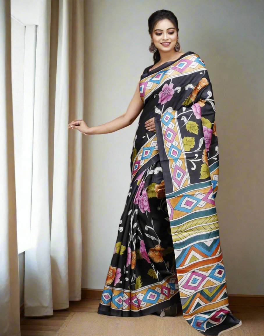 Multi Colour Motif Kalamkari Silk Saree| Peepal Clothing