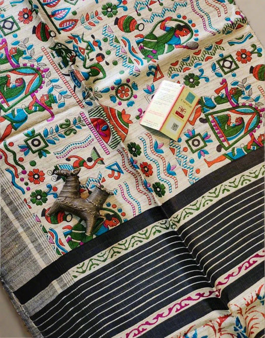 Multi-colour Printed Tussar Ghicha Silk Saree| Peepal Clothing