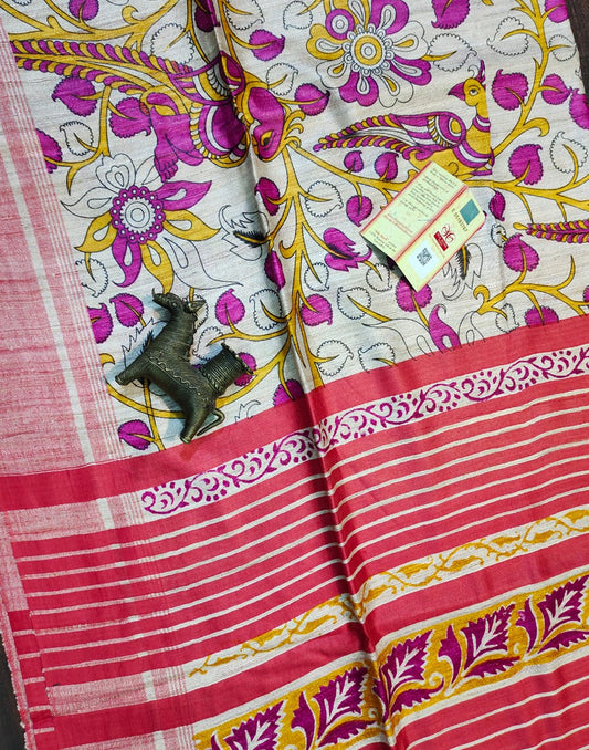 Multi color Peacock Printed Tussar Ghicha Silk Saree| Peepal Clothing