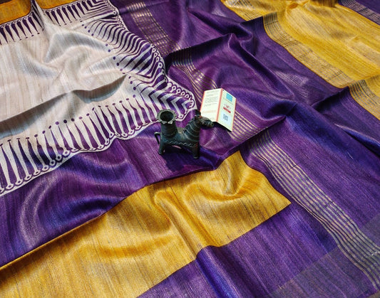 Multi-colour Tussar Ghicha printed Silk Saree with Zari Border| Peepal Clothing