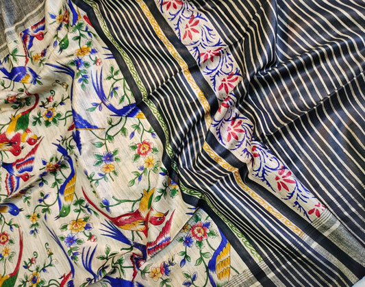 Multicolor Bird Printed Tussar Ghicha Silk Saree| Peepal Clothing