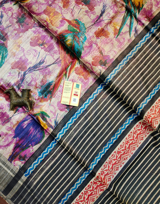 Multicolor Birds Printed Tussar Ghicha Silk Saree| Peepal Clothing