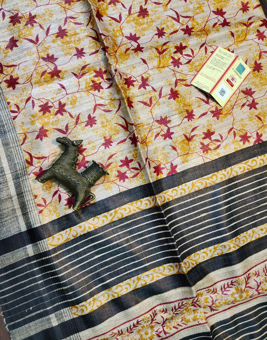 Multicolor Floral Printed Tussar Ghicha Silk Saree| Peepal Clothing