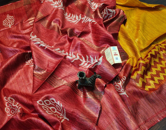 Mustard-maroon Printed Tussar Ghicha Silk Saree with Zari Border| Peepal Clothing
