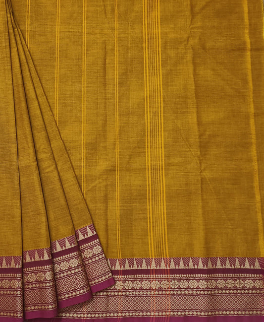 Mustard Double Border Chettinad Cotton Saree | Peepal Clothing