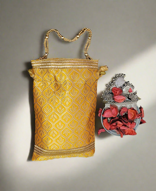 Mustard Embroidered Pouch Potli | Peepal Clothing