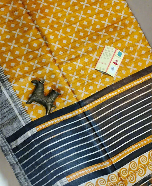 Mustard Floral Printed Tussar Ghicha Silk Saree| Peepal Clothing
