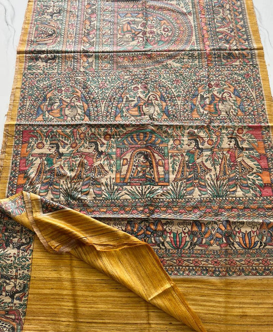 Mustard Half & Half Madhubani Hand Painted Pure Tussar Ghicha Silk Saree | Peepal Clothing