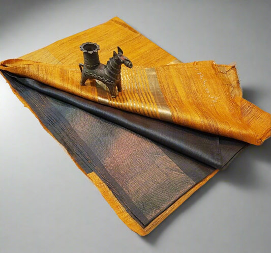 Mustard Korean tussar ghicha pallu saree with staple body and Zari border| Peepal Clothing