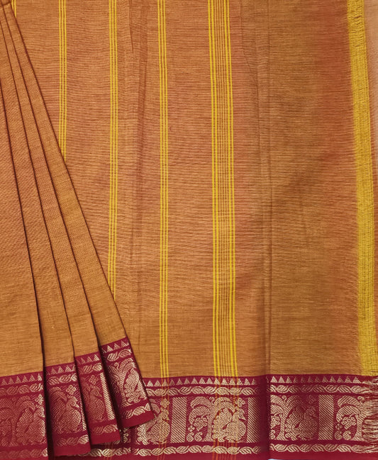 Mustard Peacock Border Chettinad Cotton Saree | Peepal Clothing