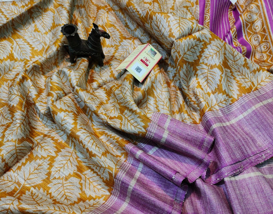 Mustard Printed Tussar Ghicha Silk Saree| Peepal Clothing