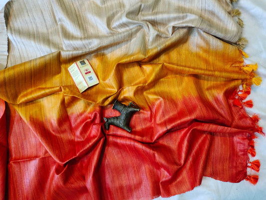 Mustard Vermilion Triple Dye Pure Tussar Ghicha Silk Saree | Peepal Clothing