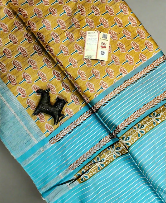 Mustard and Blue Floral Printed Tussar Ghicha Silk Saree| Peepal Clothing