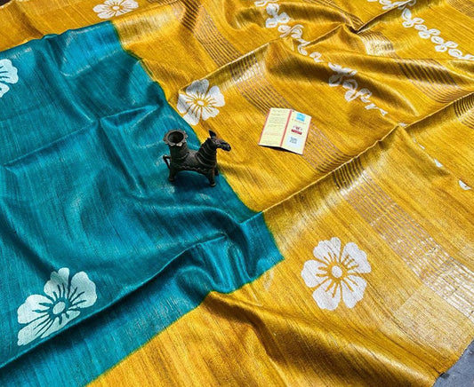 Mustard and Blue Floral Printed Tussar Ghicha Silk Saree with Zari Border | Peepal Clothing