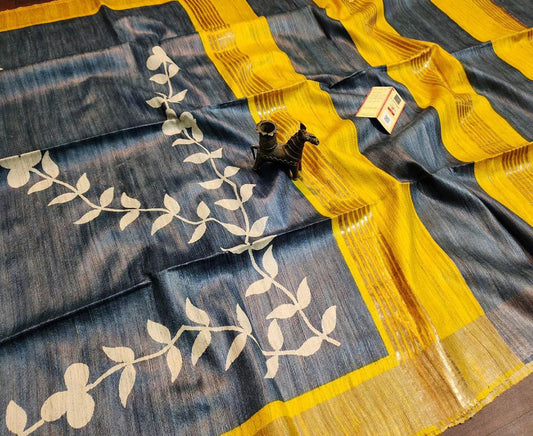 Mustard and Grey Printed Tussar Ghicha Silk Saree with Zari Border | Peepal Clothing