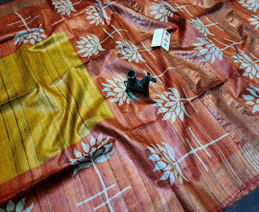 Mustard and Orange Floral Printed Tussar Ghicha Silk Saree with Zari Border | Peepal Clothing