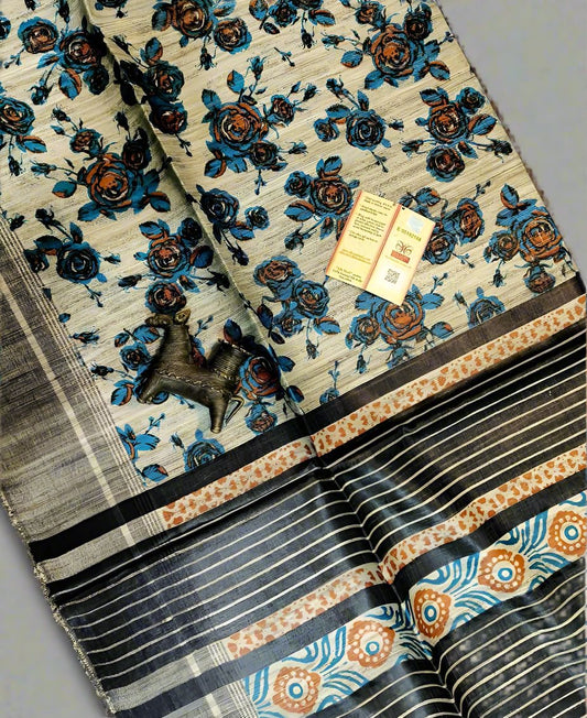 Natural Floral Printed Ghicha Tussar Silk Saree| Peepal Clothing
