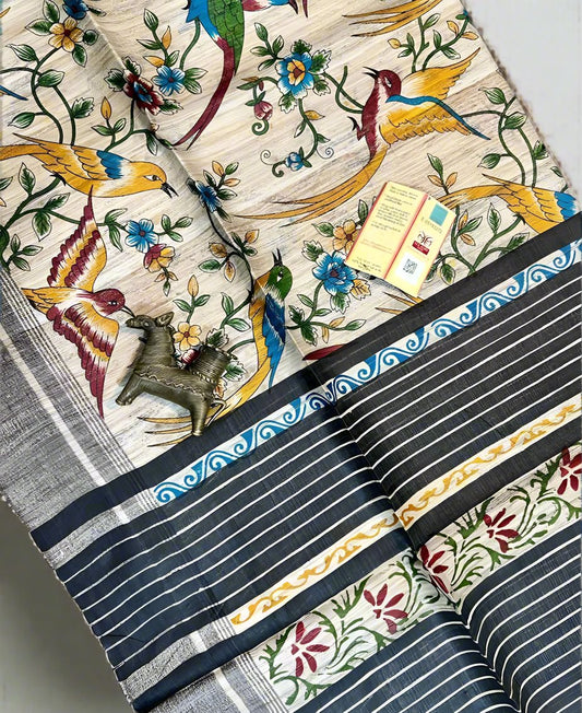 Natural Floral Printed Tussar Ghicha Silk Saree| Peepal Clothing