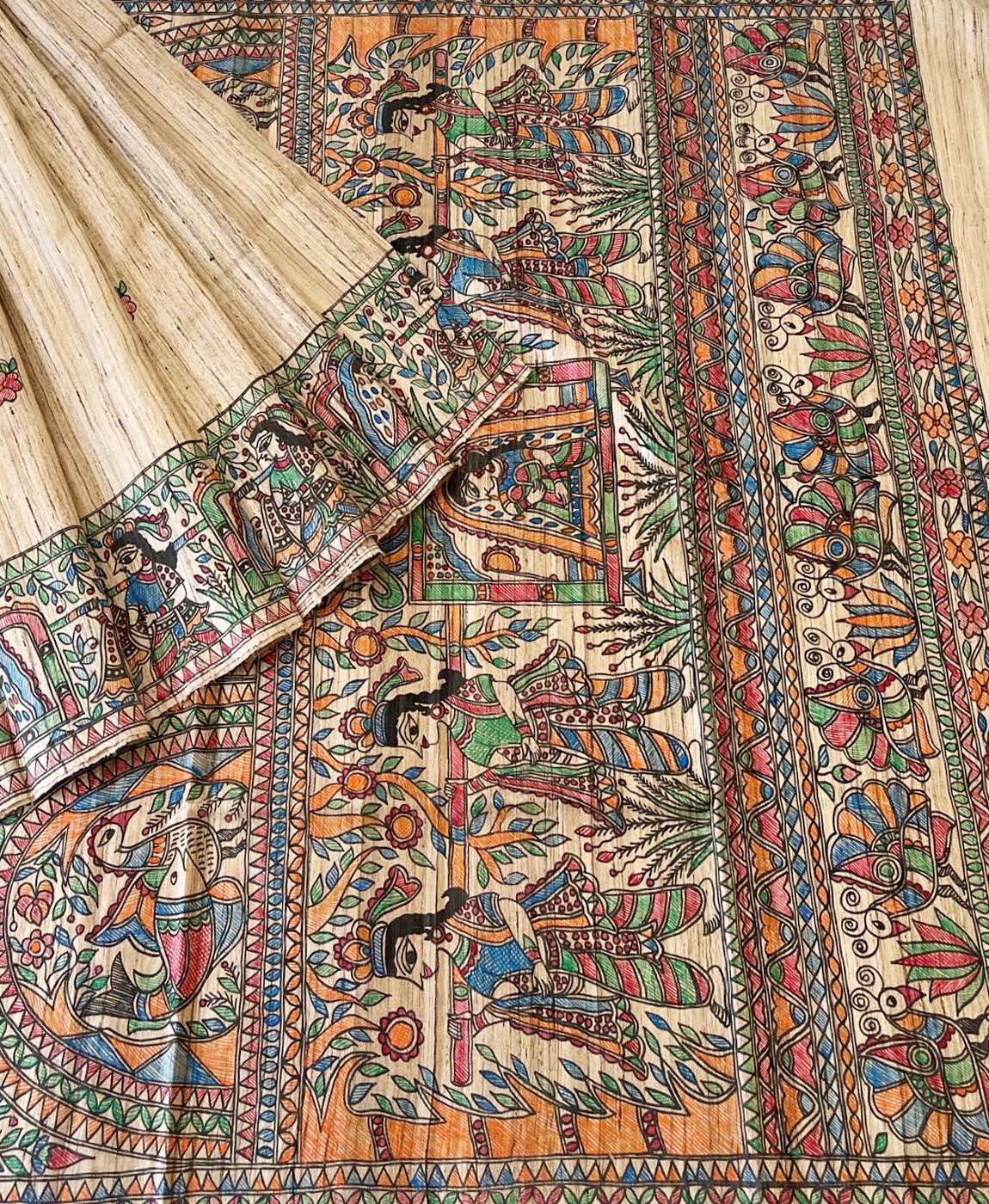 Natural Madhubani Hand Painted Doli-Kahar Pallu Tussar Ghicha Silk Saree | Peepal Clothing