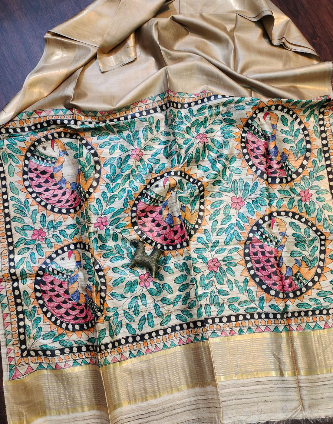 Natural Madhubani Hand Painted Fish Pallu Tussar Ghicha Silk Saree