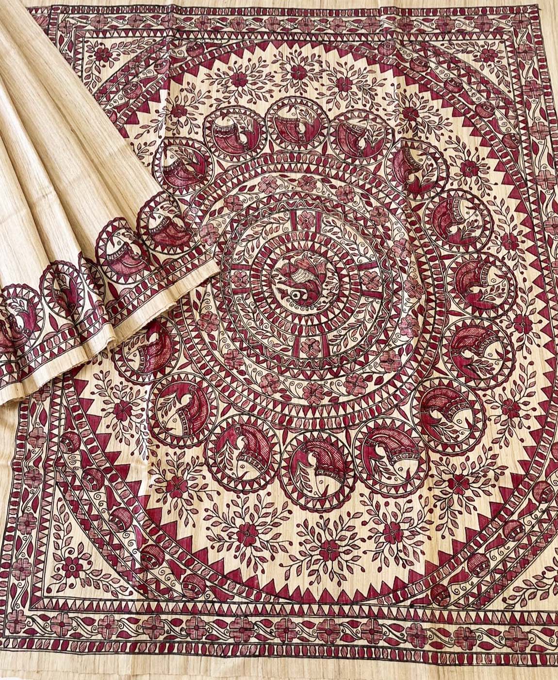 Natural Madhubani Hand Painted Fish Pallu Tussar Ghicha Silk Saree | Peepal Clothing