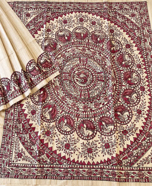 Natural Madhubani Hand Painted Fish Pallu Tussar Ghicha Silk Saree | Peepal Clothing