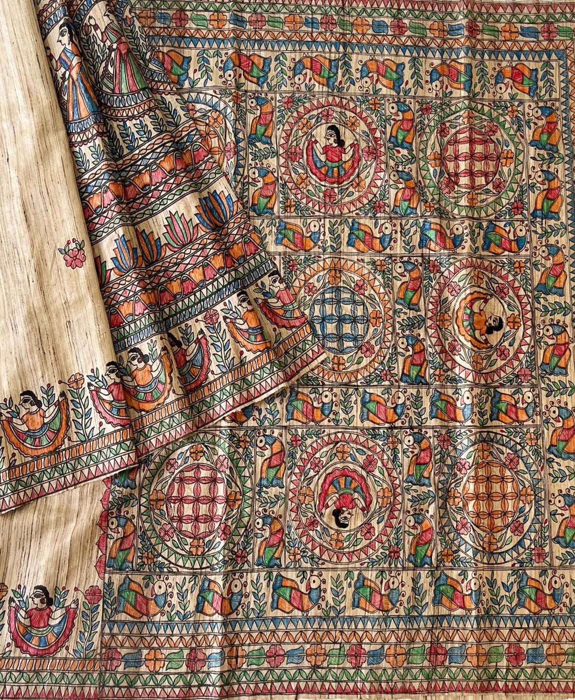 Natural Madhubani Hand Painted Flowral Pallu Tussar Ghicha Silk Saree | Peepal Clothing