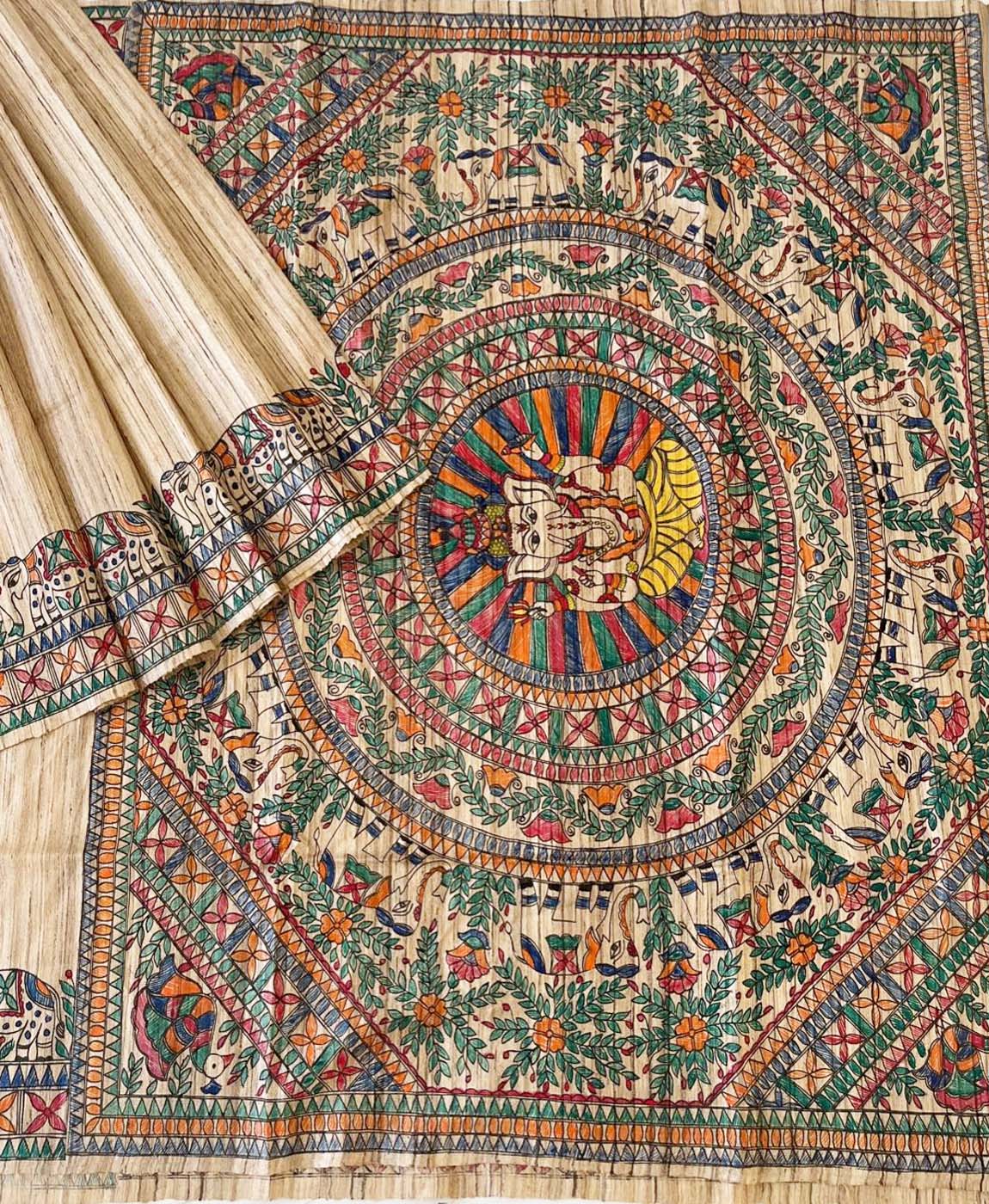 Natural Madhubani Hand Painted Lord Ganpati Pallu Tussar Ghicha Silk Saree | Peepal Clothing