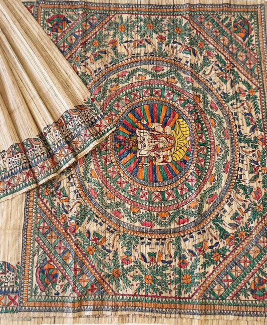 Natural Madhubani Hand Painted Lord Ganpati Pallu Tussar Ghicha Silk Saree | Peepal Clothing