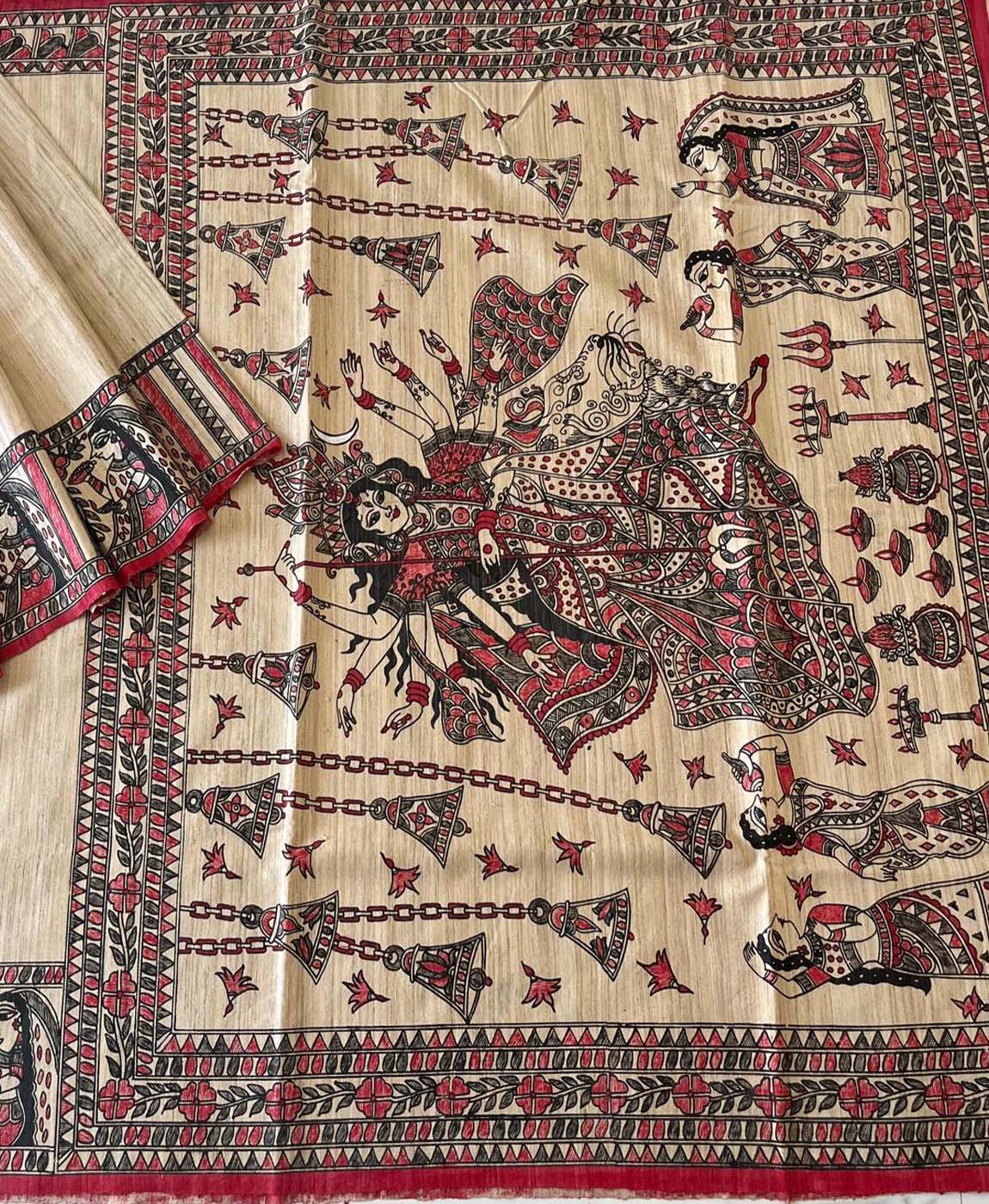 Natural Madhubani Hand Painted Maa Durga Pallu Tussar Ghicha Silk Saree | Peepal Clothing