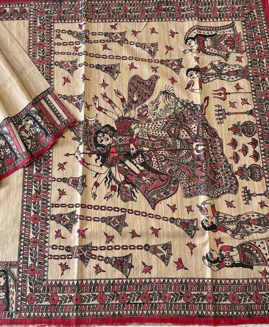 Natural Madhubani Hand Painted Maa Durga Pallu Tussar Ghicha Silk Saree | Peepal Clothing