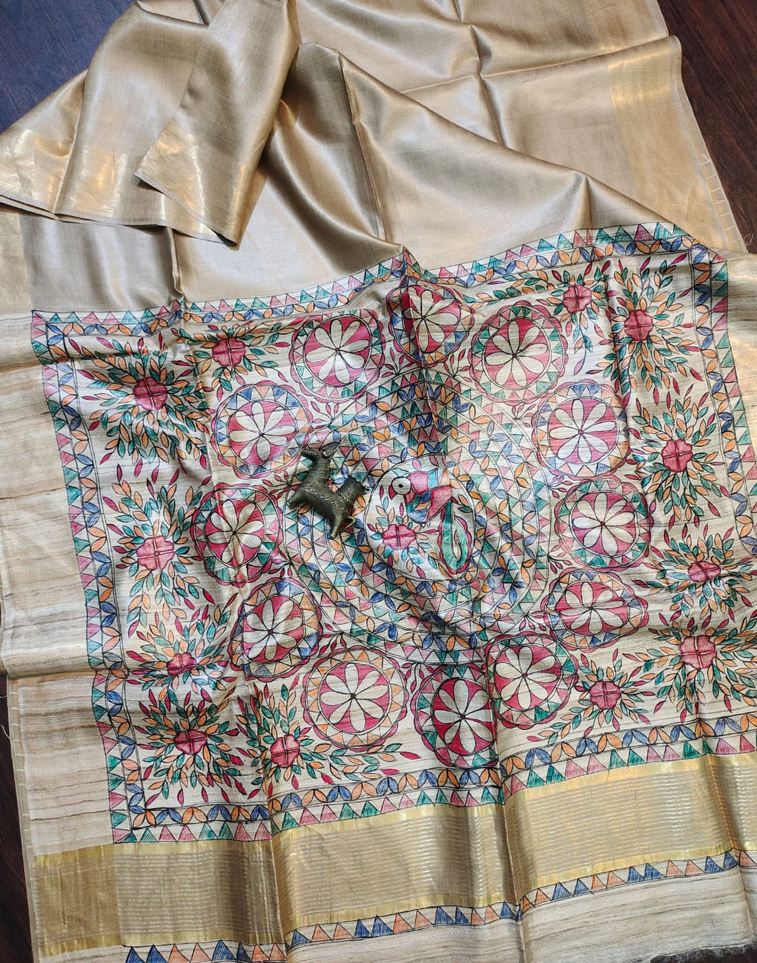 Natural Madhubani Hand Painted Pallu Tussar Ghicha Silk Saree