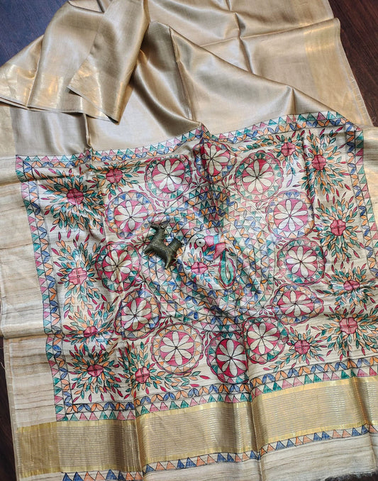 Natural Madhubani Hand Painted Pallu Tussar Ghicha Silk Saree