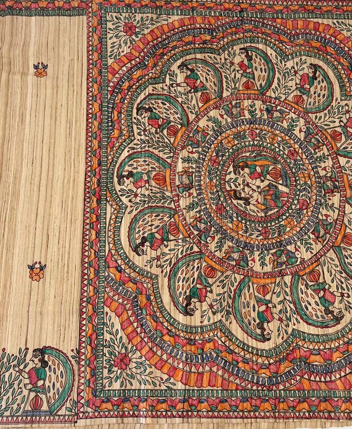 Natural Madhubani Hand Painted Radha-Krishna Pallu Tussar Ghicha Silk Saree | Peepal Clothing