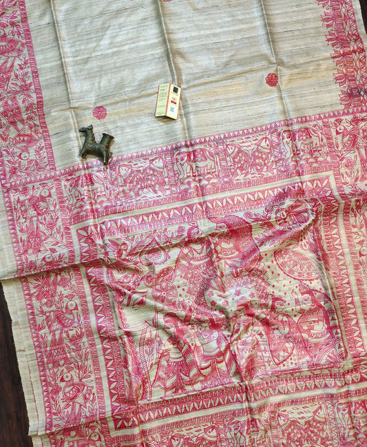 Natural and Pink Madhubani Hand Painted Pure Tussar Ghicha Silk Saree | Peepal Clothing