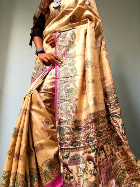 Printed Pure Tassar Ghicha Saree www.peepalclothing.com