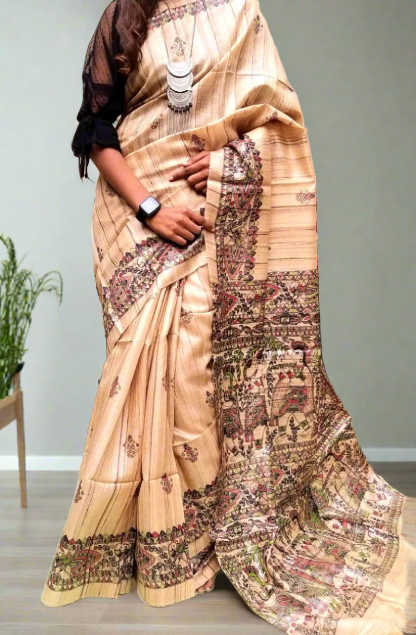 Natural Madhubani Printed Tussar Ghicha Silk Saree || Peepal Clothing